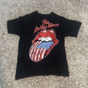 Rolling Stones Black Graphic T-Shirt Tongue Logo American Flag Design Medium